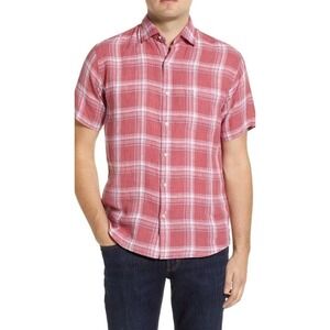 PETER MILLAR Linen Seaside Mens North Shore Pink Red Short Sleeve Sport Shirt XL